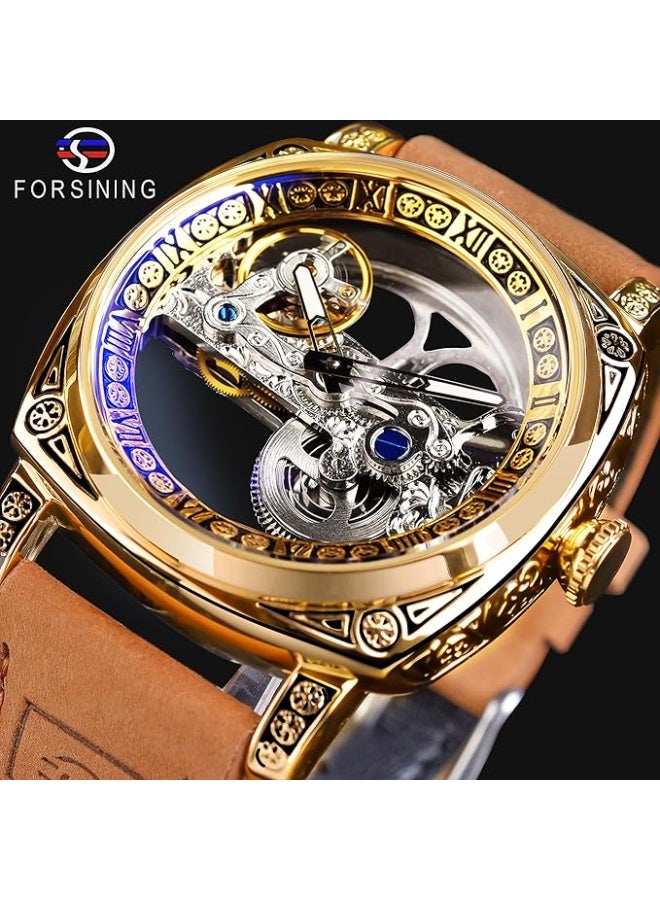 FORSINING Men's Luxury Square Carving Mechanical Watch, Retro Totem Double Sided Hollow Skeleton Self-Wind Automatic Watches, Vintage Leather Strap Wristwatch Reloj para Hombre - Image 2